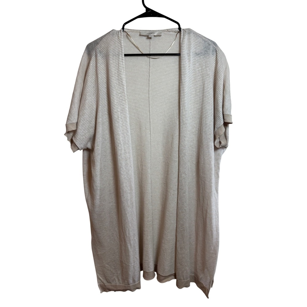 LOFT Womens Large Linen Blend Striped Open Front Cardigan Short Sleeve Cream Tan